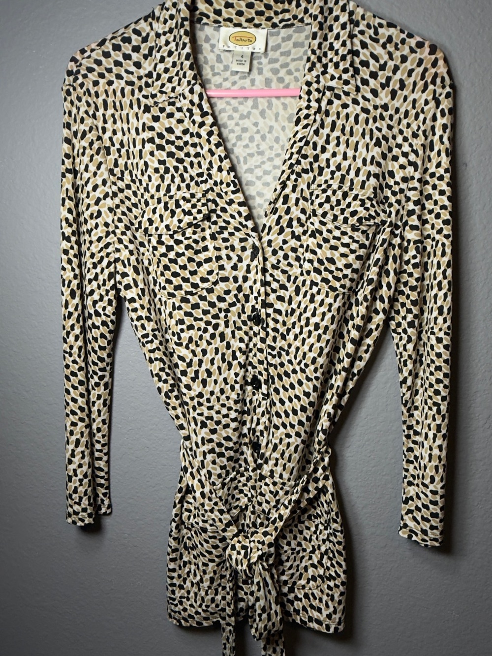 Talbots Beige and Black Dot Tie-Waist Button-Down Shirt